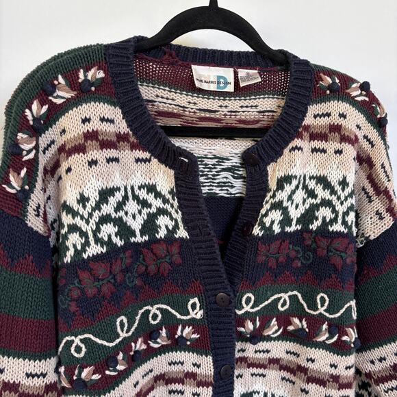 Vintage Fisherman Grandpa Navy Maroon Cardigan Sweater Scandi Cabin Aspen Medium - Picture 2 of 7